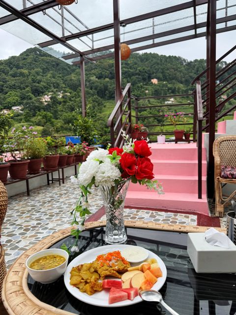 Three vegetable meal at Niru Yoga Homestay with meditation hiking retreat, Nagarkot village, Bhaktapur, Kathmandu valley Nepal.